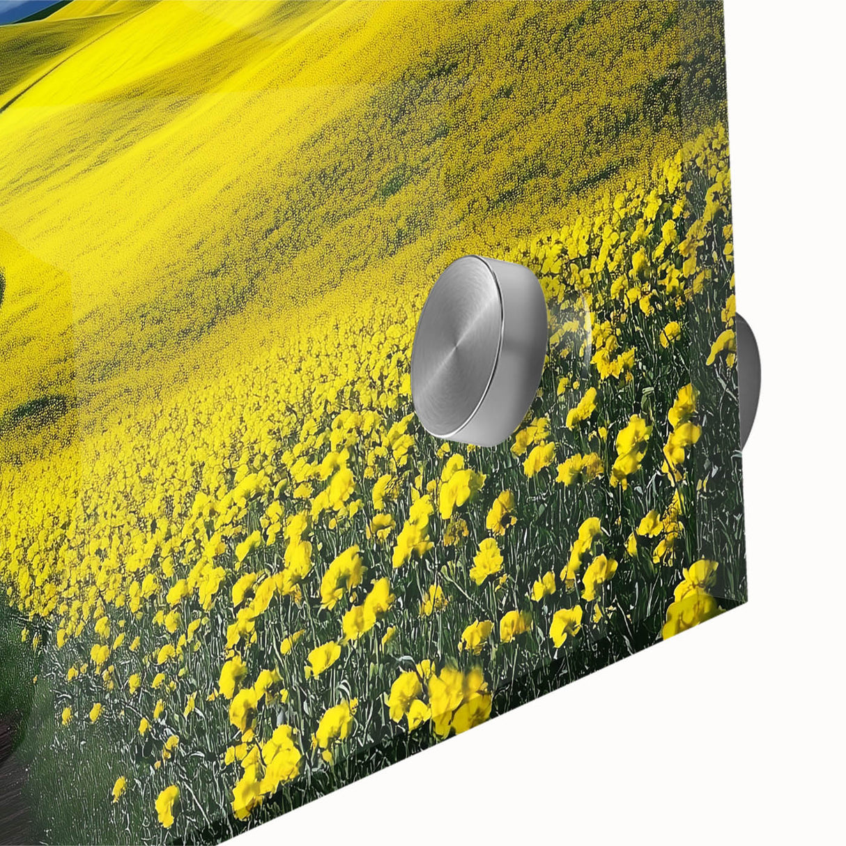 Close-up of a vibrant acrylic landscape artwork depicting lush green fields under a blue sky, showcasing intricate details and vivid colors, perfect for home decor.