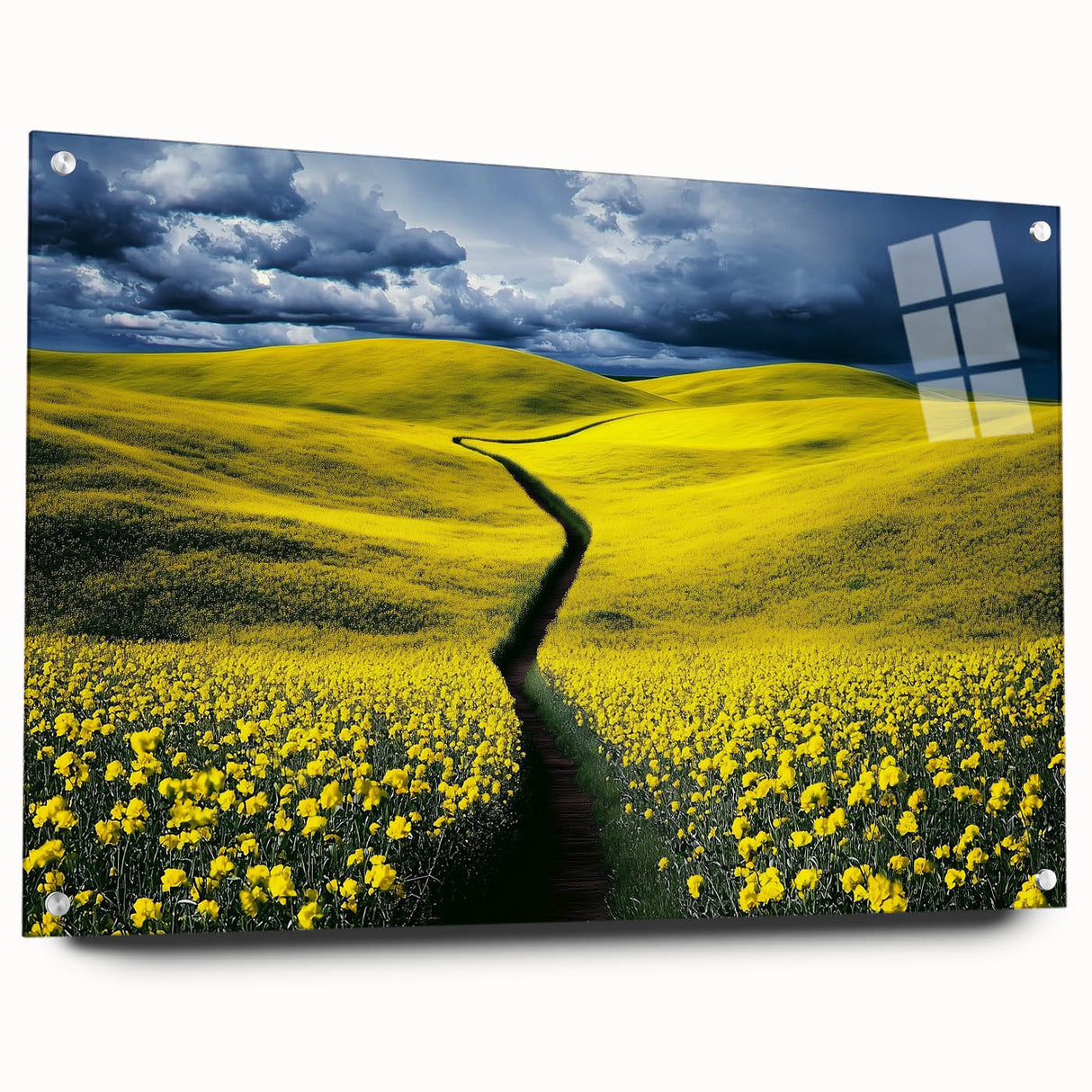 Acrylic glass artwork showcasing vibrant landscape fields in a side view, featuring vivid colors and intricate details, ideal for modern home decor.