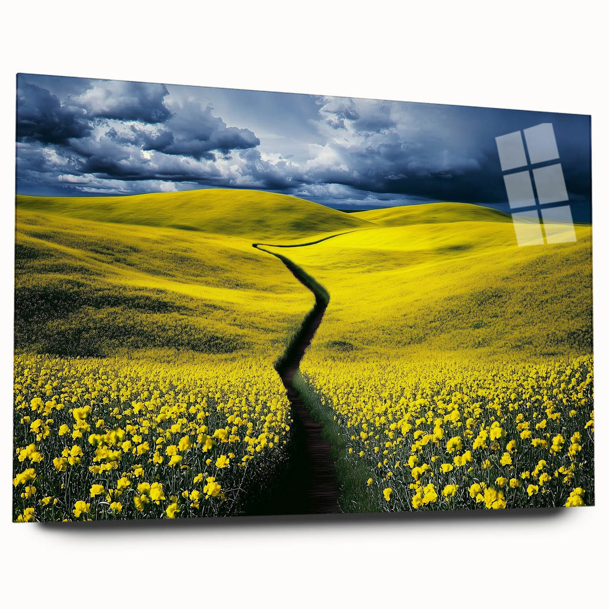 Acrylic glass artwork showcasing a serene landscape of lush green fields under a clear blue sky, designed for side-view display without pins. Perfect for modern home decor.