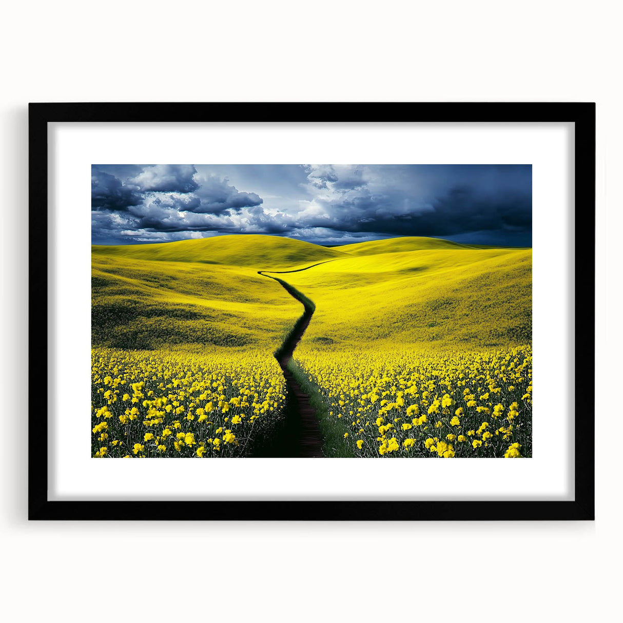 Black-framed landscape artwork showcasing vibrant green fields under a bright blue sky, designed with a white mat for an elegant presentation, perfect for home decor.