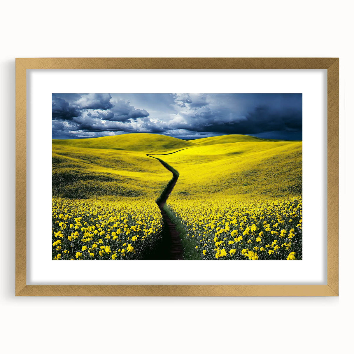 Elegant gold-framed landscape artwork featuring vibrant green fields and a bright blue sky, designed to add a touch of sophistication to any room decor. The matting enhances its visual appeal, making it a perfect centerpiece for home or office settings.