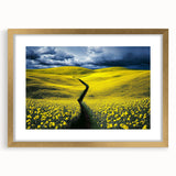 Elegant gold-framed landscape artwork featuring vibrant green fields and a bright blue sky, designed to add a touch of sophistication to any room decor. The matting enhances its visual appeal, making it a perfect centerpiece for home or office settings.