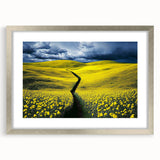 Elegant silver-framed landscape artwork featuring vibrant fields under a clear blue sky, complemented by a white mat for a refined presentation. Perfect for home decor.