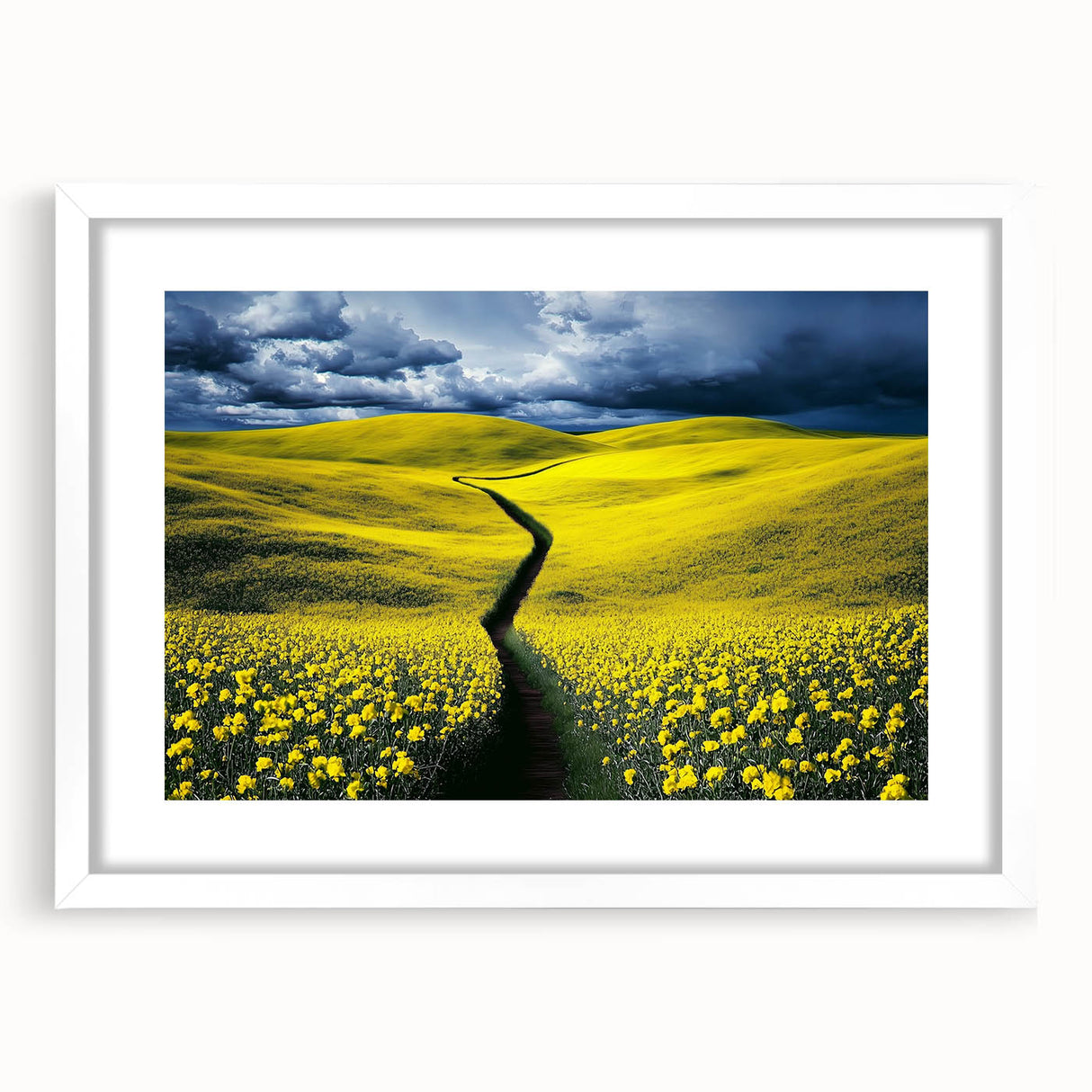 Framed landscape artwork showcasing vibrant green fields under a blue sky, accented with a white mat for an elegant finish, perfect for home decor.