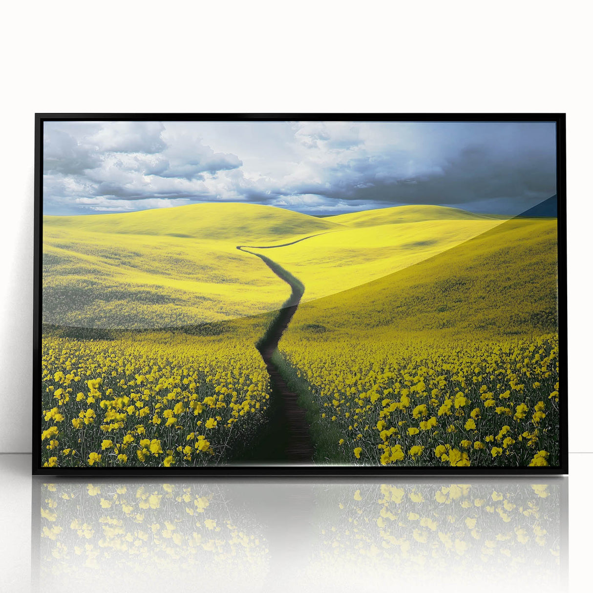 Framed acrylic artwork showcasing a serene landscape with lush green fields and a clear blue sky, designed to enhance home decor with a modern touch.