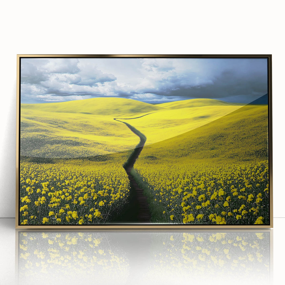 Framed acrylic artwork depicting a serene landscape of golden fields under a blue sky, ideal for home decor and enhancing interior aesthetics.