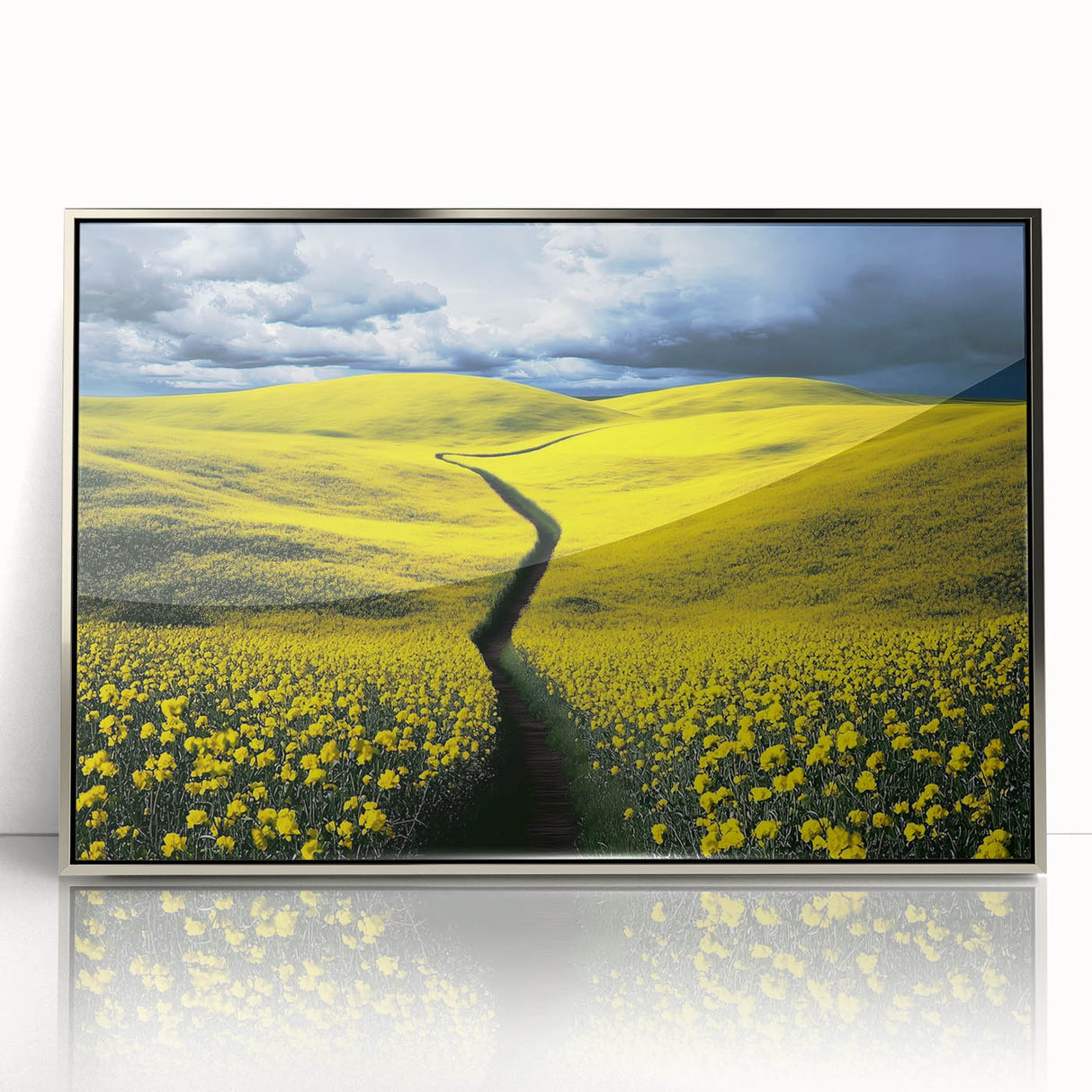 Framed acrylic artwork showcasing a vibrant landscape of lush green fields under a clear blue sky. The sleek silver frame enhances the modern aesthetic, making it ideal for contemporary home decor.