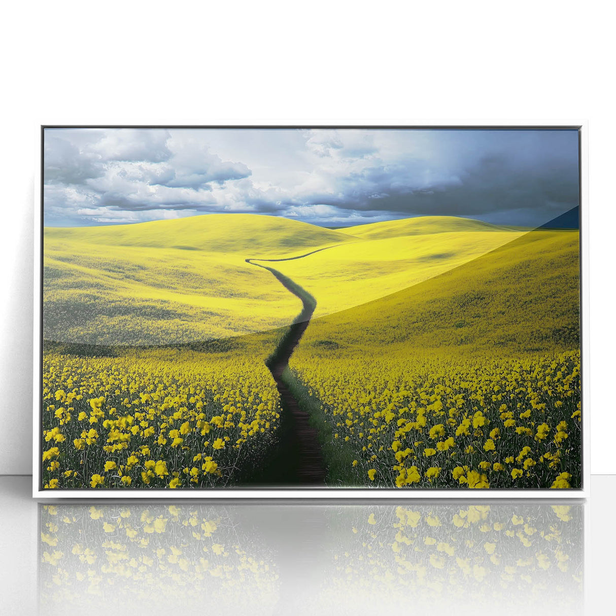 Framed acrylic landscape artwork showcasing vibrant green fields under a clear blue sky, presented in a modern white frame, ideal for home decor.