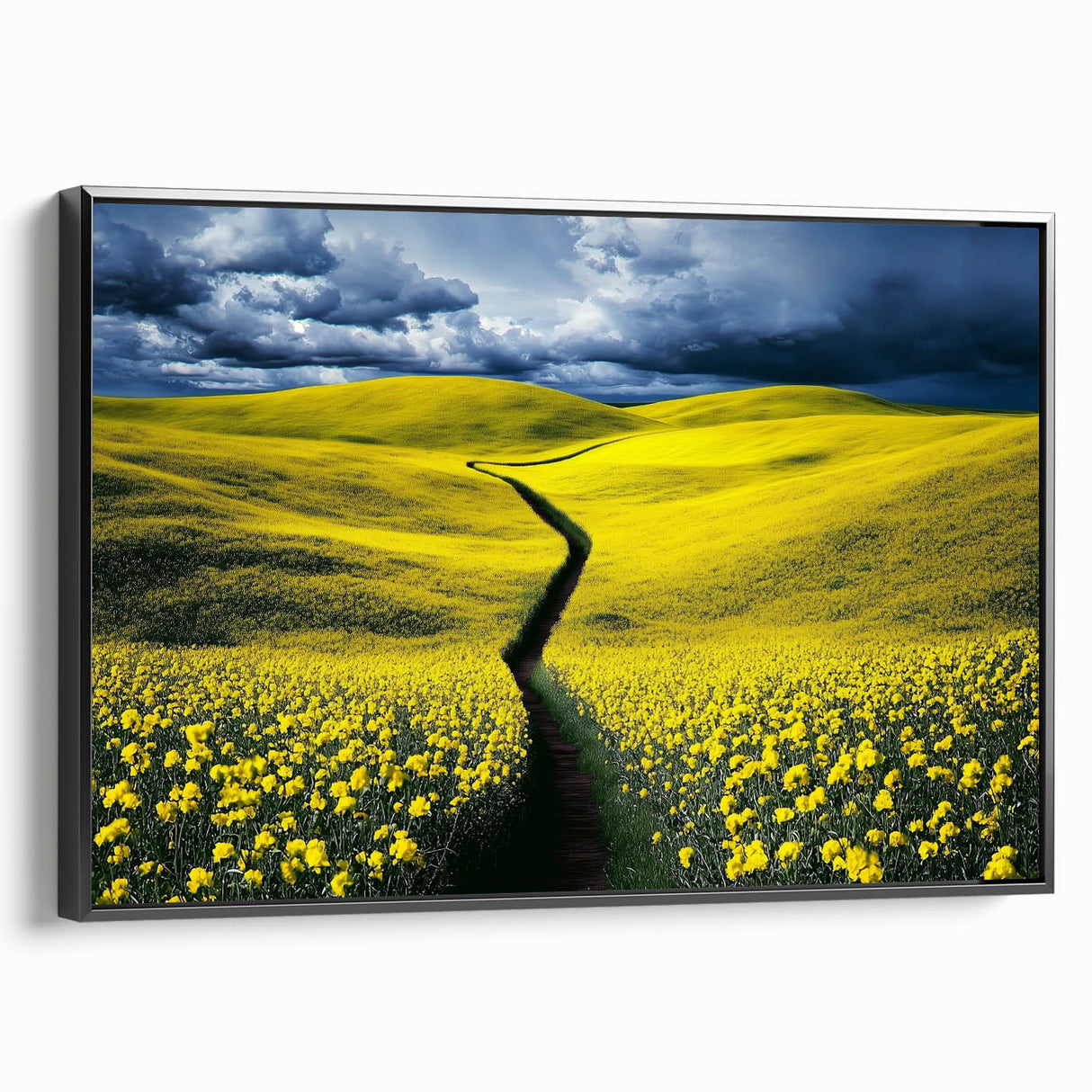 Framed canvas artwork showcasing a vibrant landscape of green fields under a clear blue sky, with a sleek black frame, ideal for modern home decor.
