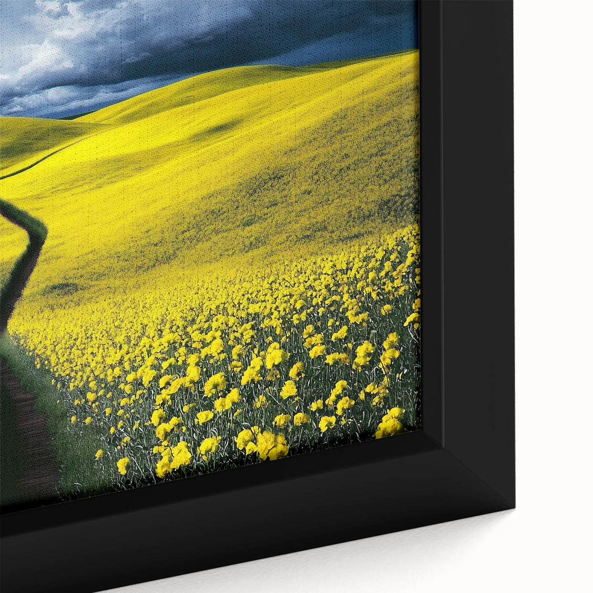 Close-up of a framed canvas depicting a serene landscape with vibrant green fields, showcasing intricate details and textures, ideal for home decor enhancement.
