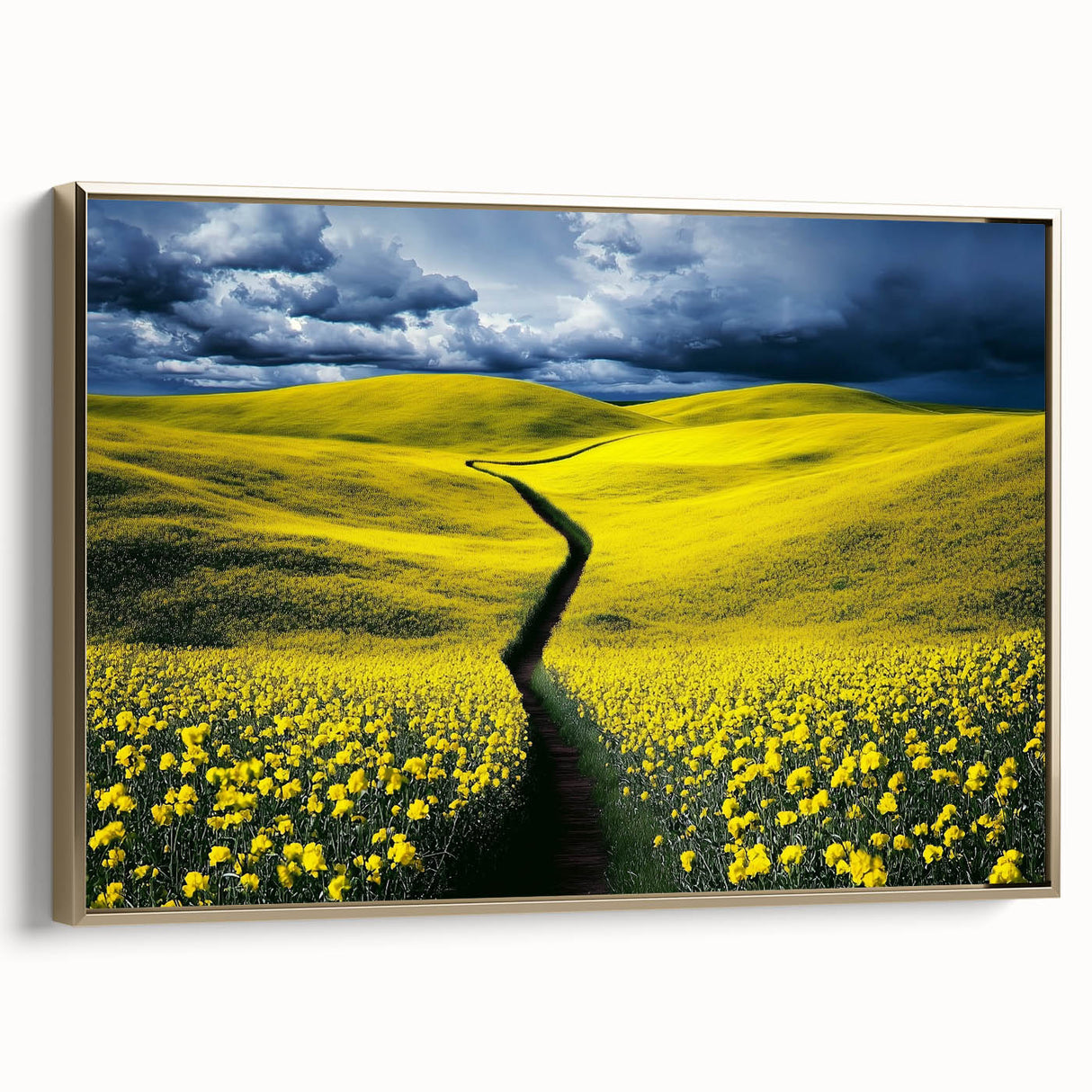 Framed canvas artwork showcasing a serene landscape with golden accents, perfect for enhancing home decor. The piece features vibrant fields under a clear sky, adding a touch of nature to any interior space.