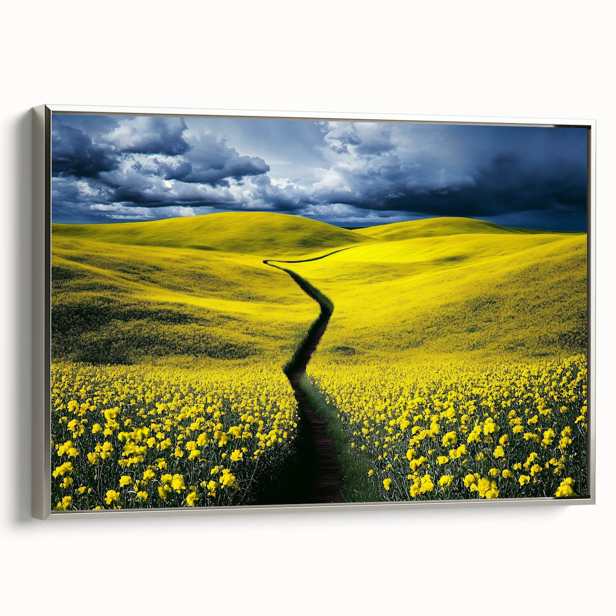 Framed canvas artwork titled "Design 58 Landscapes" showcasing serene fields in soft greens and golds, elegantly bordered with a silver frame, ideal for home decor.