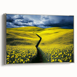 Framed canvas artwork titled "Design 58 Landscapes" showcasing serene fields in soft greens and golds, elegantly bordered with a silver frame, ideal for home decor.