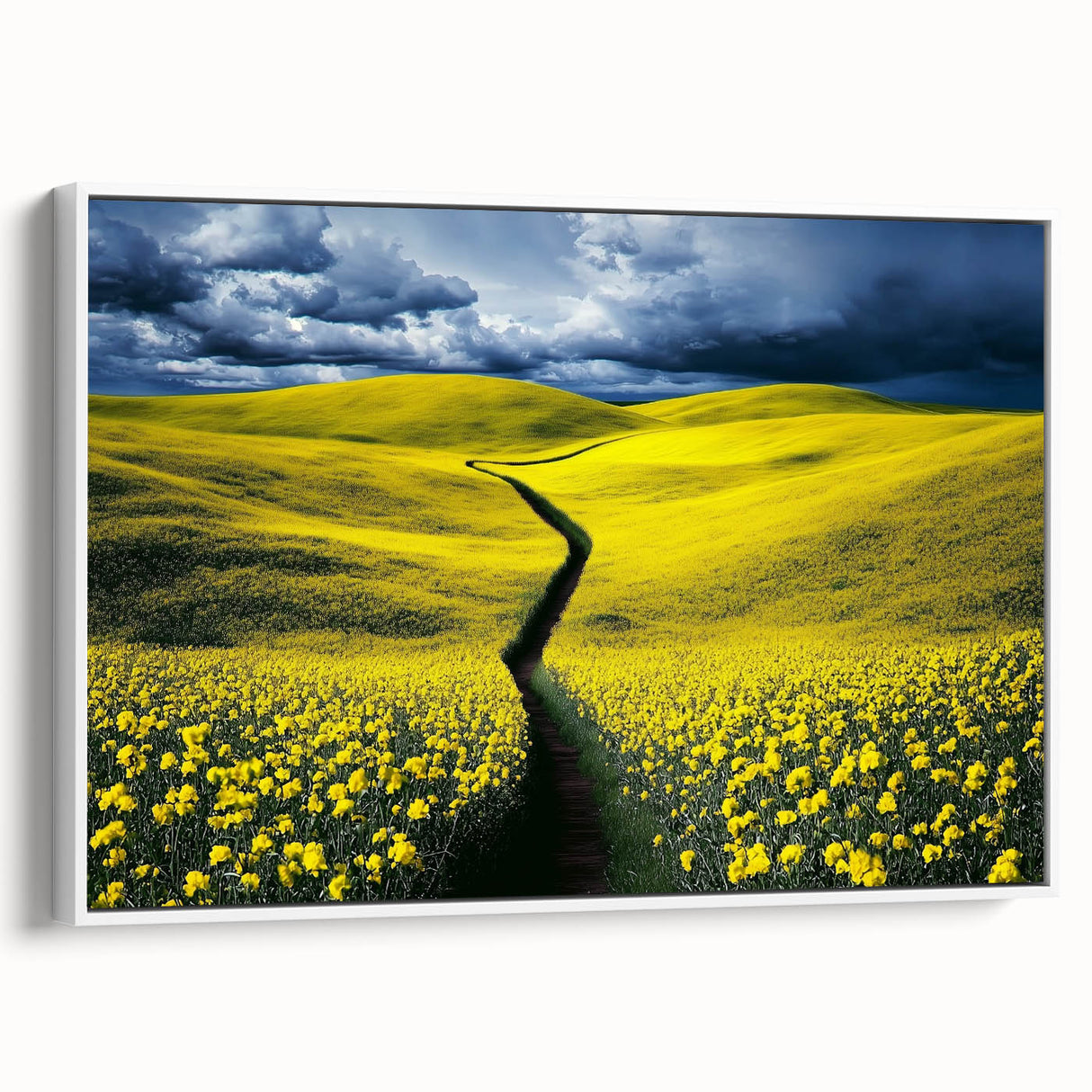 Framed canvas artwork showcasing a serene landscape of lush green fields under a bright blue sky, elegantly displayed from the side view with a white frame, perfect for home decor.