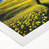 Vibrant rolled canvas artwork showcasing a serene landscape of lush green fields under a bright blue sky, elegantly packaged in a protective tube for easy transport.