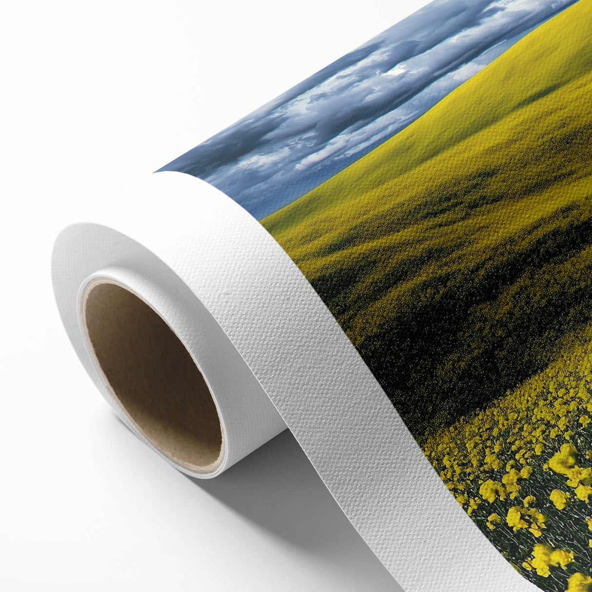 Vibrant rolled canvas depicting a serene landscape of lush green fields under a clear blue sky, elegantly packaged in a protective cardboard tube.