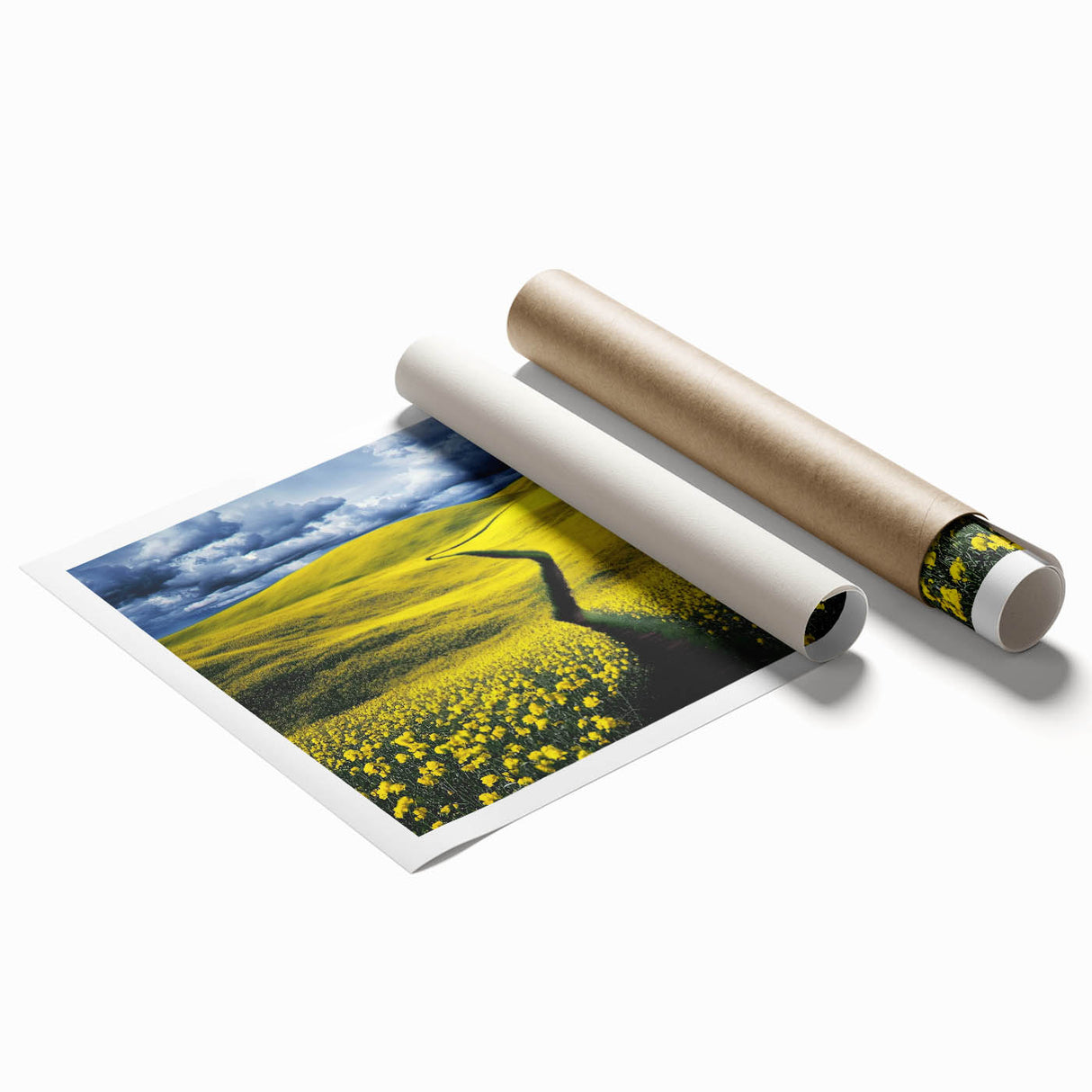 Vibrant landscape print showcasing rolling green fields under a clear blue sky, elegantly rolled and packaged in a protective tube for wall décor enthusiasts.
