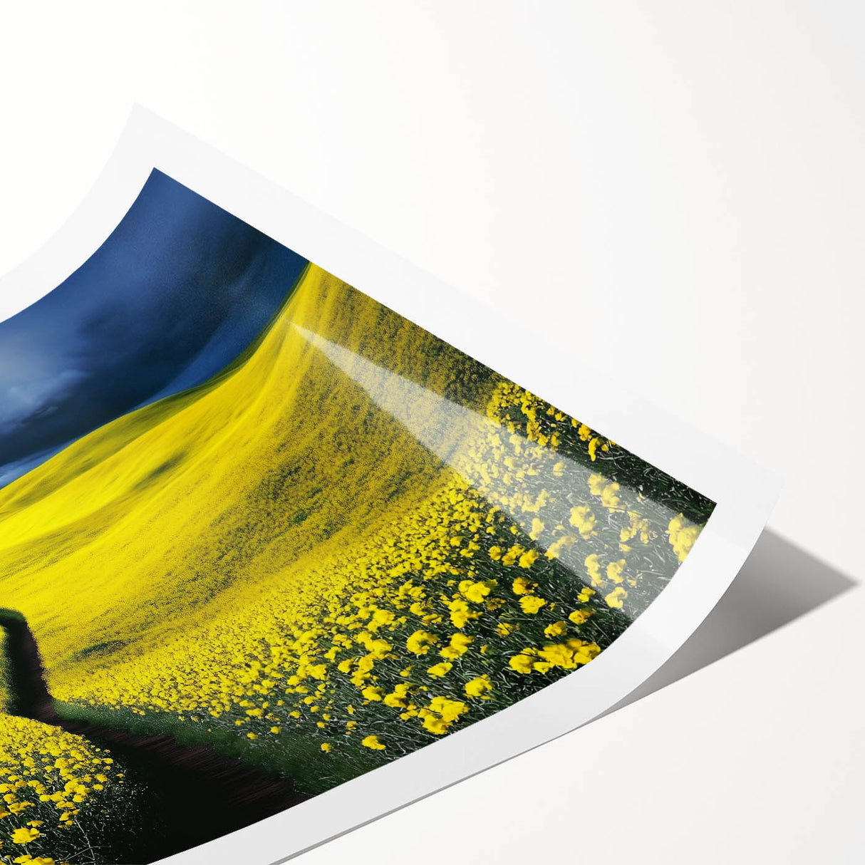 Vibrant rolled canvas print showcasing a serene landscape with rolling green fields under a bright blue sky, packaged in a protective cardboard tube for easy shipping. This artwork adds a touch of nature to any home decor.