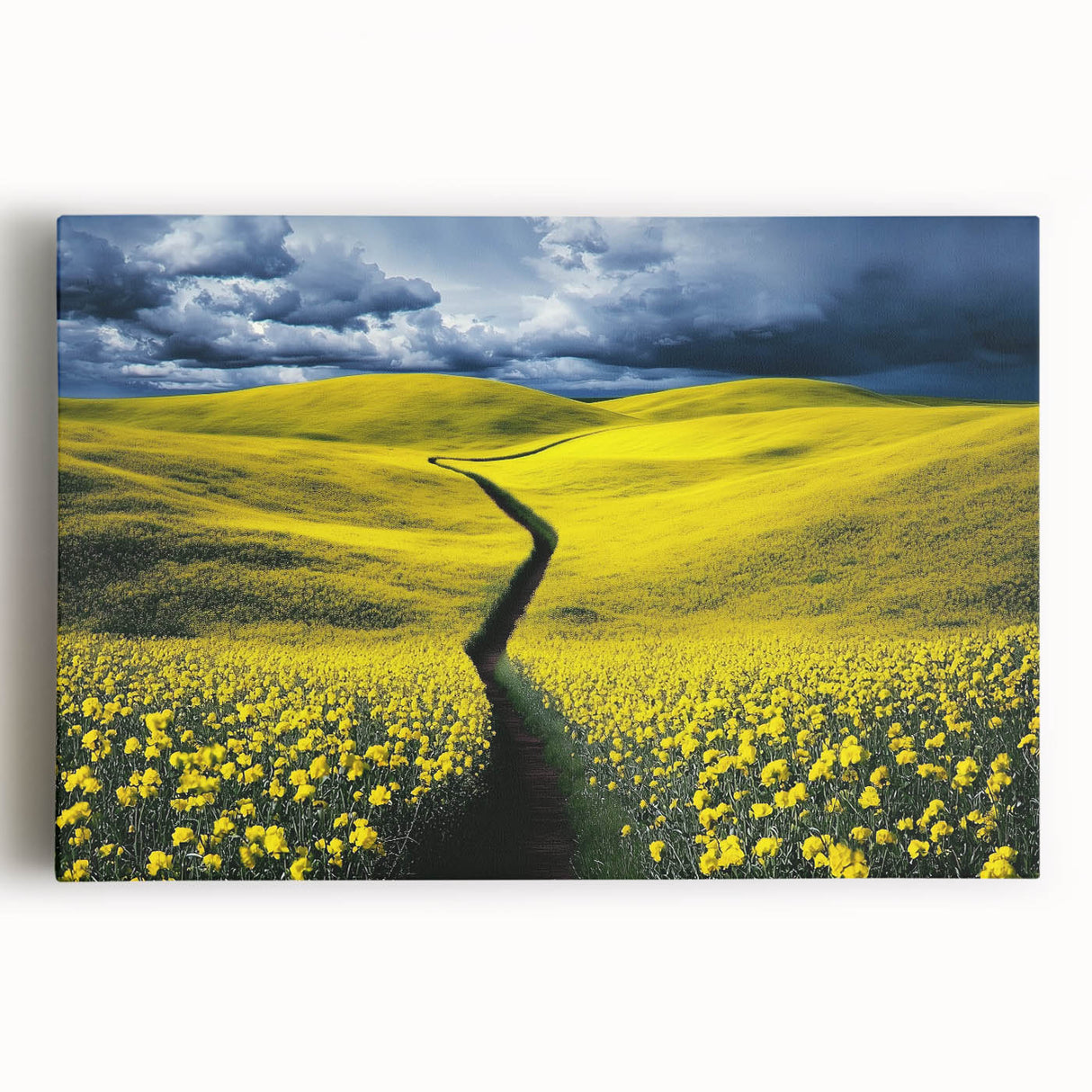 Vibrant landscape canvas print showcasing rolling green fields and a bright blue sky, perfect for home decor, capturing nature's beauty and tranquility.