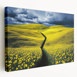 Stretched canvas artwork showcasing a serene landscape with rolling green fields under a blue sky, ideal for home decor, featuring vibrant colors and detailed textures.