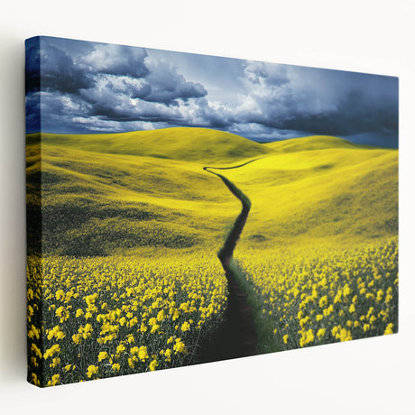 Stretched canvas artwork showcasing a serene landscape with rolling green fields under a blue sky, ideal for home decor, featuring vibrant colors and detailed textures.