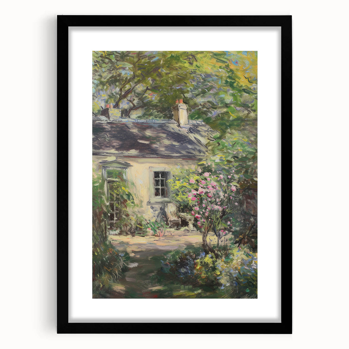 Elegant black frame with a white mat, showcasing an artistic landscape print against a neutral background, perfect for modern home decor and interior design enthusiasts.