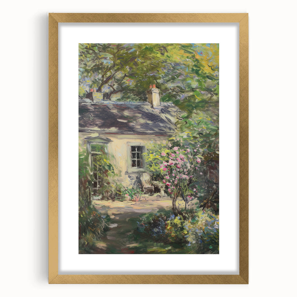 Elegant gold-framed landscape artwork featuring a serene nature scene with vibrant colors and a white mat, ideal for enhancing home decor aesthetics.