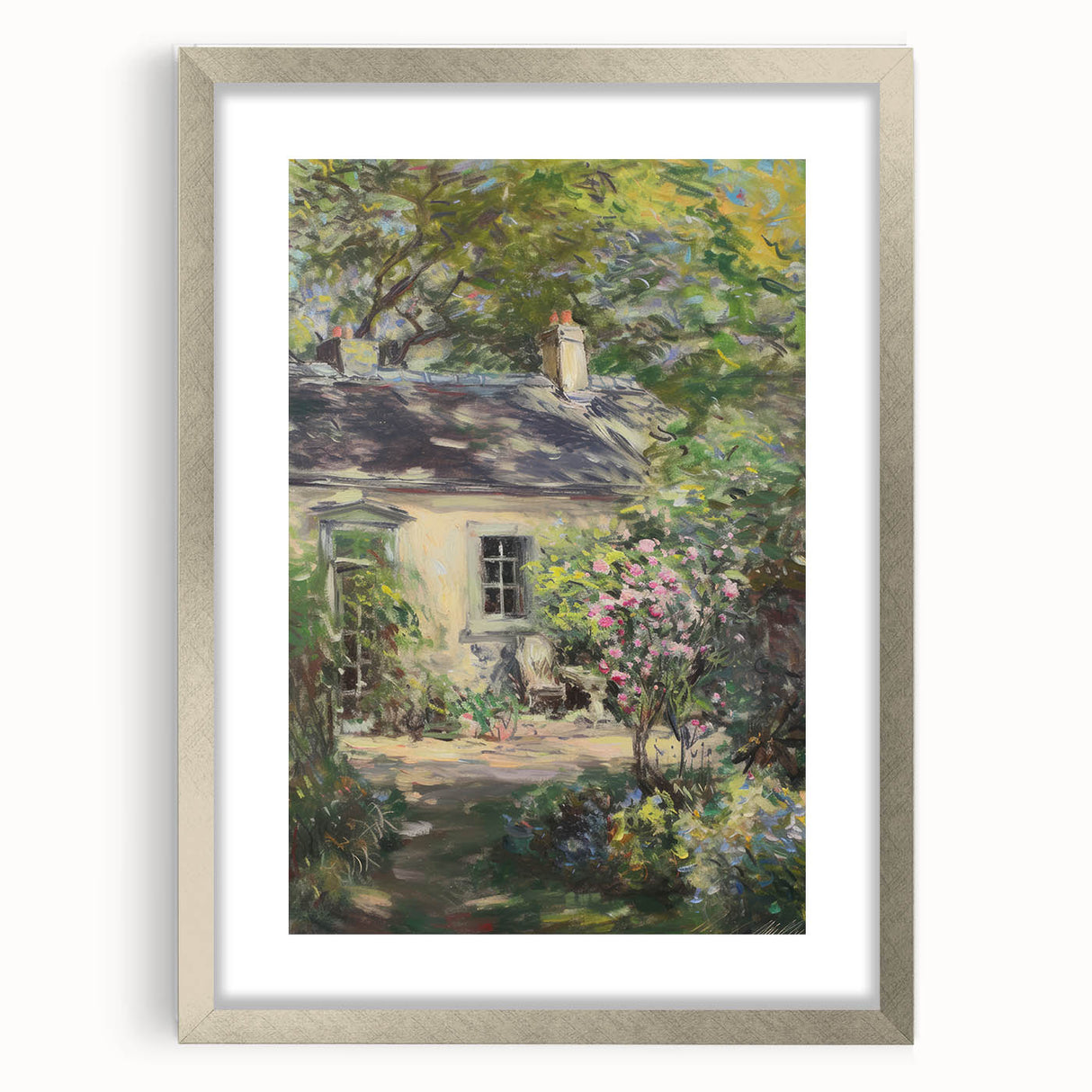 Silver-framed landscape art print with a mat, showcasing a serene nature scene. Ideal for home decor, blending elegance with tranquility in any setting.