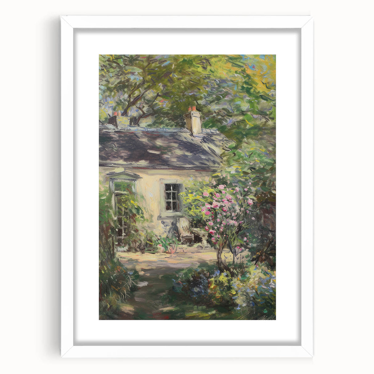 White-framed landscape artwork with a mat, showcasing a serene natural scene, perfect for home decor, enhancing interior aesthetics with a touch of elegance.