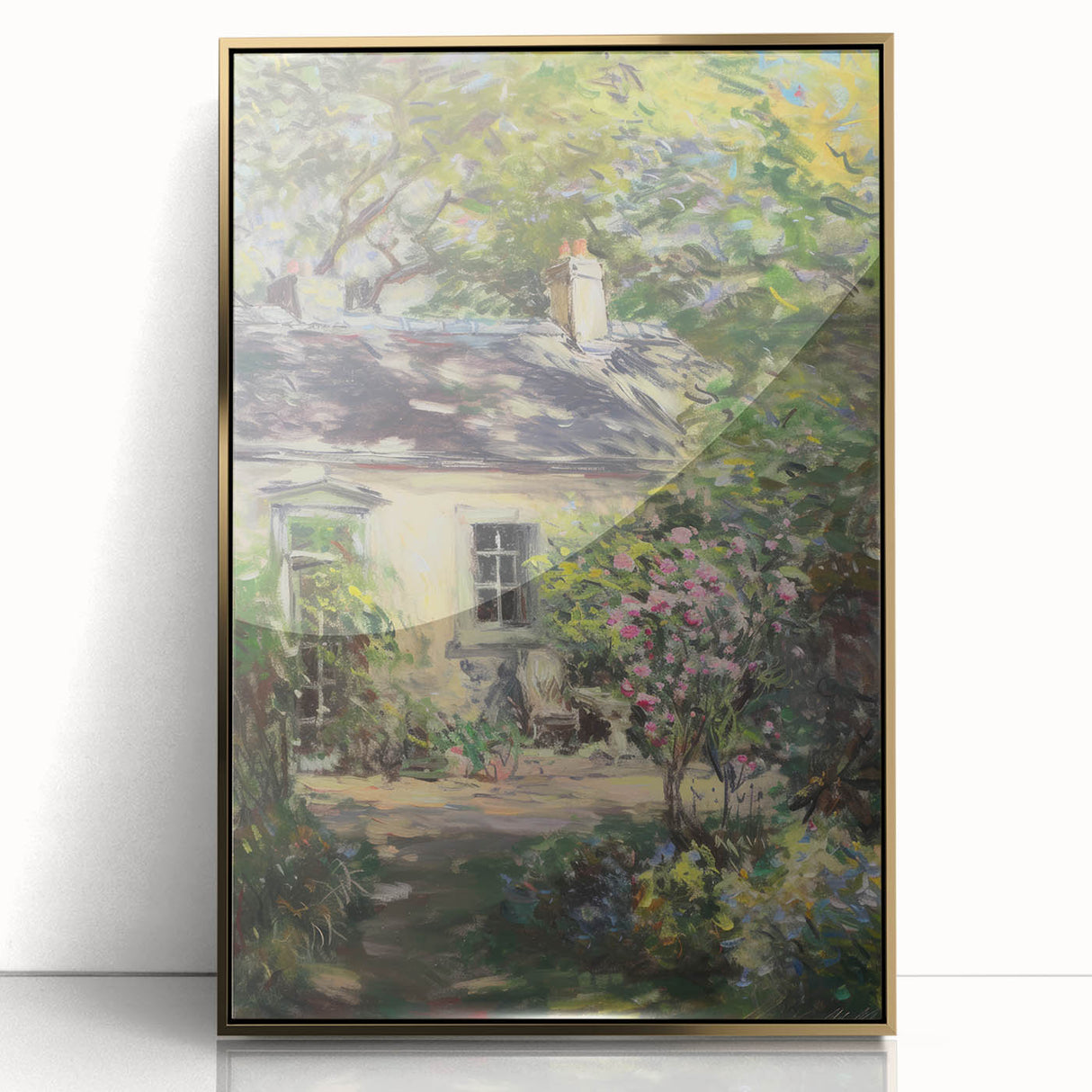 Framed acrylic art piece showcasing a vibrant landscape design with a gold frame, ideal for enhancing modern decor. Perfect for living room or office settings.