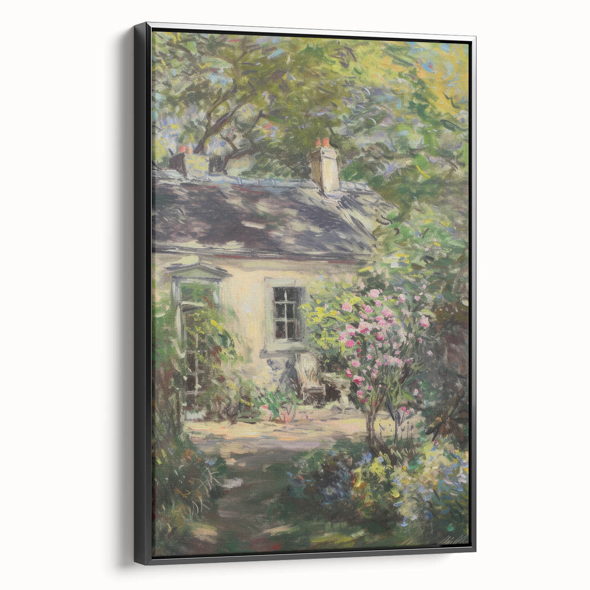 Framed canvas print showcasing a serene landscape with vibrant colors, featuring a black frame. Ideal for home decor, enhancing any wall space with natural beauty.