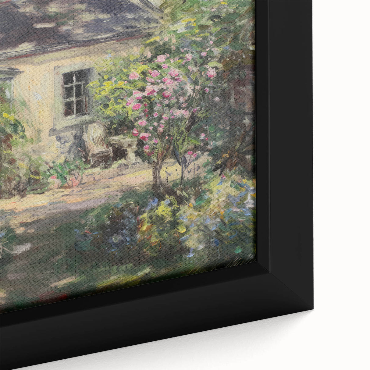 Close-up of a framed canvas artwork showcasing a vibrant landscape with rich colors and intricate details, perfect for home decor or art enthusiasts.