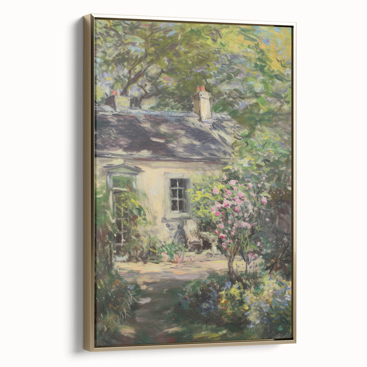 Framed canvas artwork showcasing a vibrant landscape design with a gold frame, highlighting intricate details and rich colors, perfect for home decor enhancement.