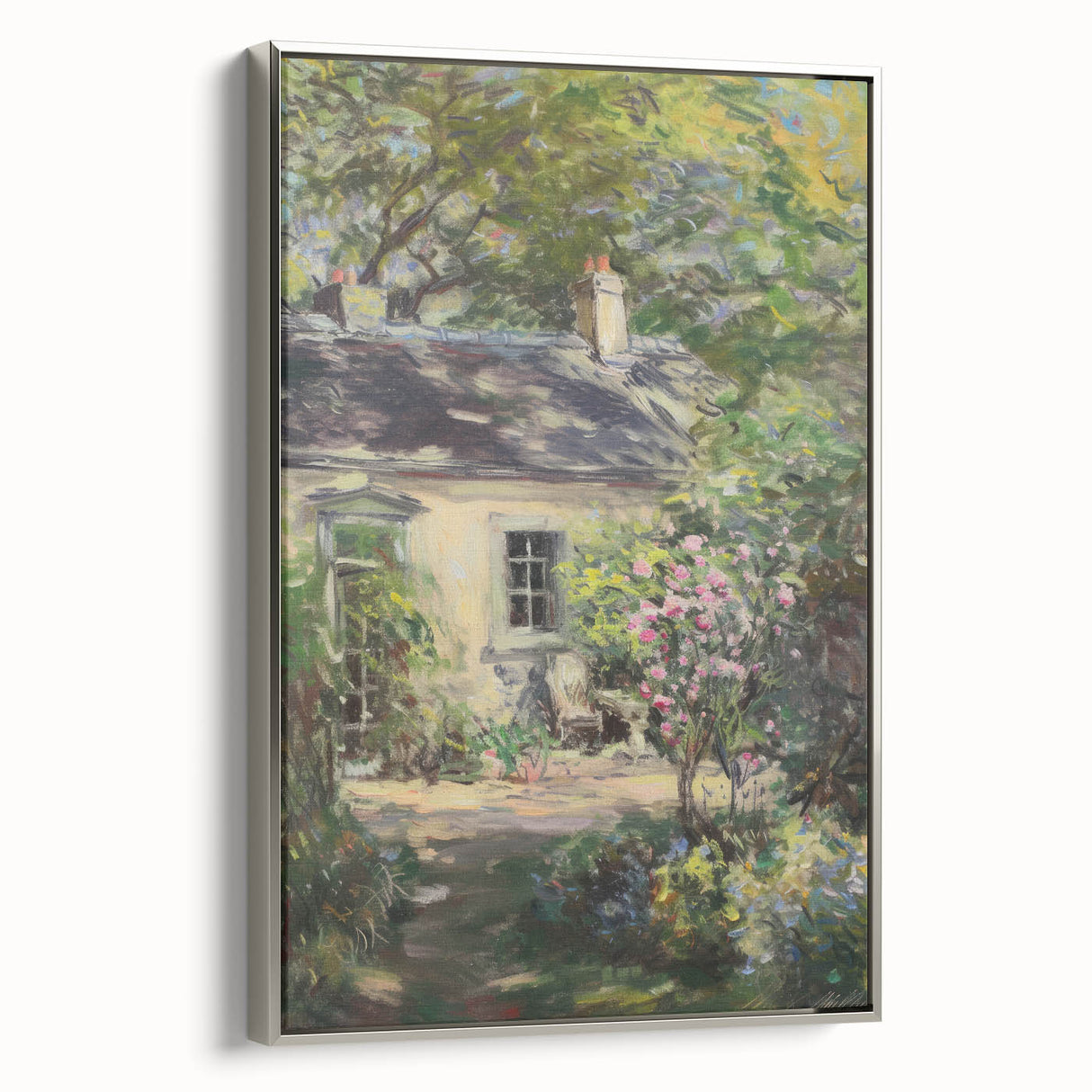 Framed canvas artwork showcasing a serene landscape in muted tones, featuring a silver frame and a side view perspective, ideal for home décor enhancement.