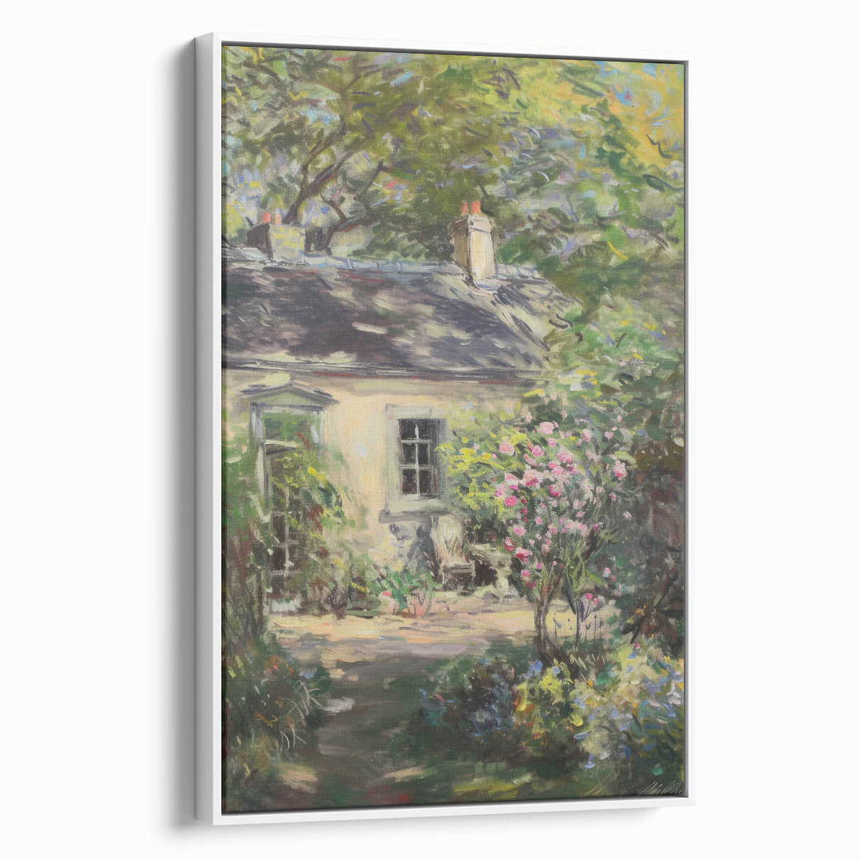 Framed canvas art showcasing a serene landscape with vibrant colors, displayed against a white wall in profile view, perfect for home decor enhancement.