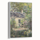 Framed canvas art showcasing a serene landscape with vibrant colors, displayed against a white wall in profile view, perfect for home decor enhancement.