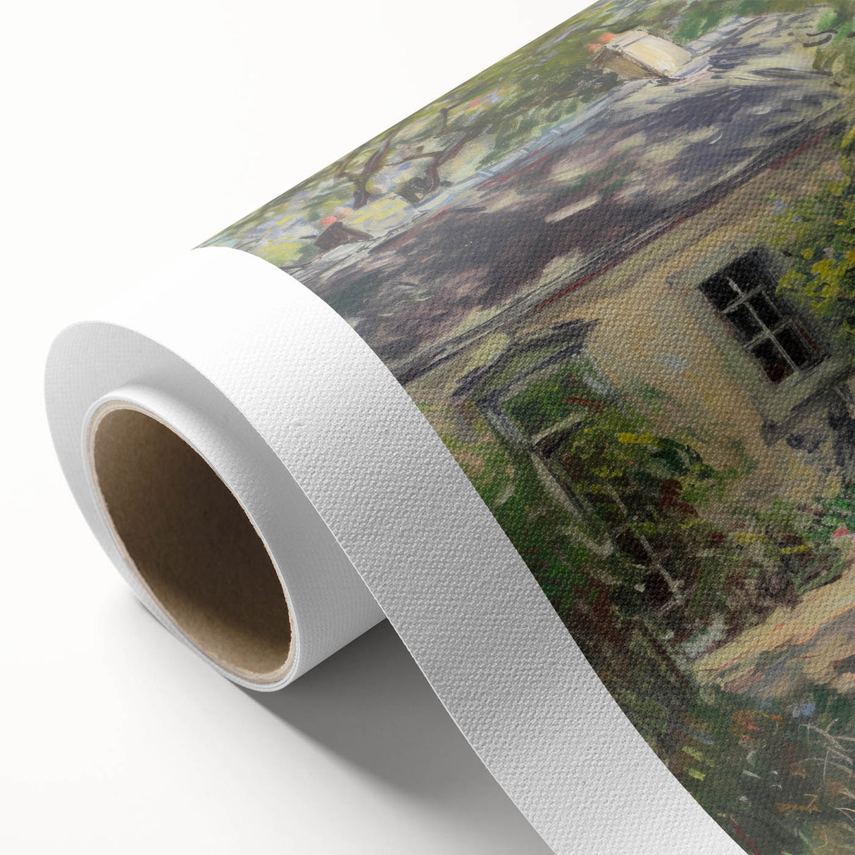 Vibrant rolled canvas showcasing an abstract landscape design in bold colors, elegantly packaged in a protective cardboard tube for easy transport and storage.