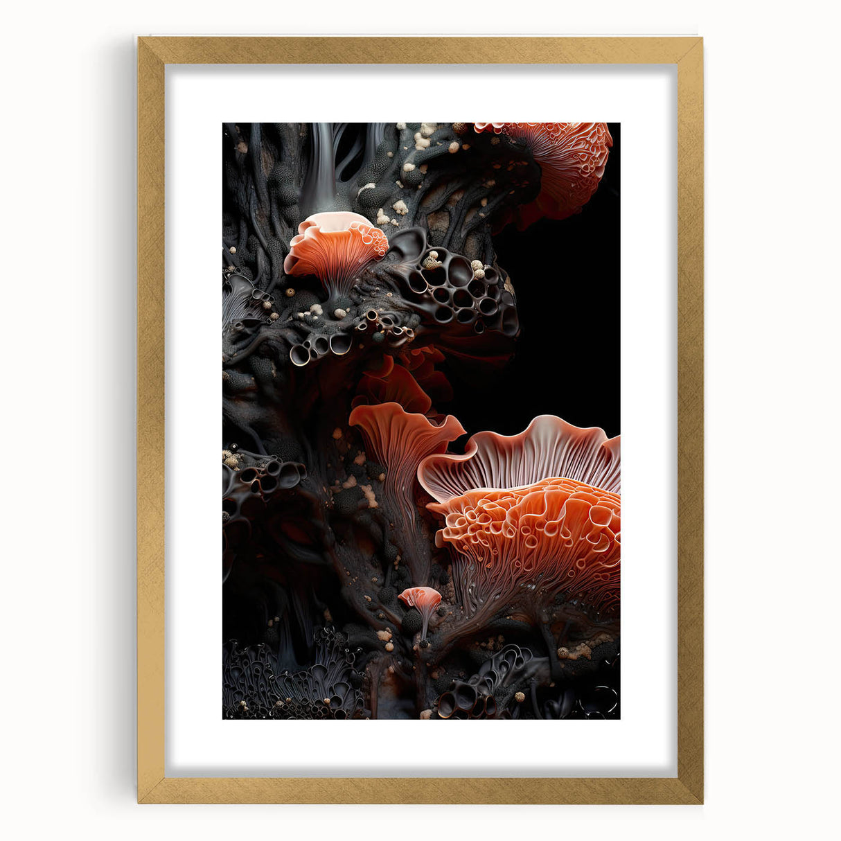 Extra large abstract art print in textured gold, featuring organic close-up elements, framed with mat.