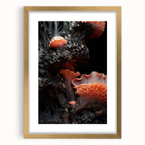 Extra large abstract art print in textured gold, featuring organic close-up elements, framed with mat.