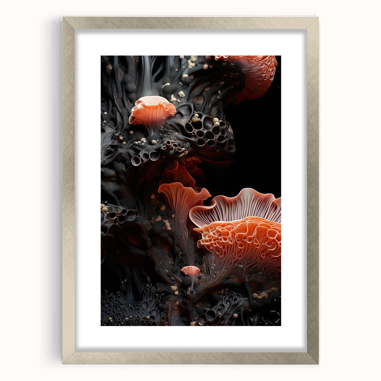 Textured abstract art print in muted beige and white, framed in silver, ideal for bedroom wall decor.