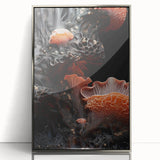 Mid-century modernist art depicting natural elements in silver and gray tones on a framed acrylic.