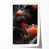 Close-up floral art on rolled canvas, featuring delicate white blossoms against a subtle green backdrop.