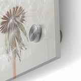 Large abstract floral print in vibrant hues on acrylic glass, ideal for dining room art in a mid-century modernist style.