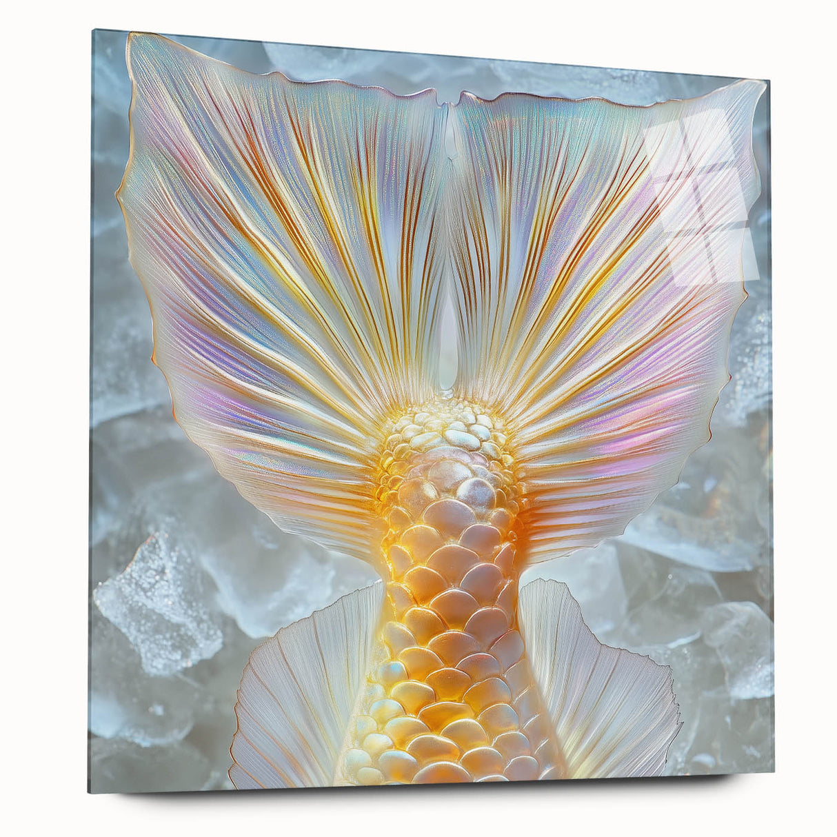 Large abstract wall art on acrylic glass depicting close-up nature elements in vibrant green and brown.