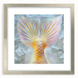 Textured abstract art print featuring close-ups of nature elements in muted green and brown, framed in silver.