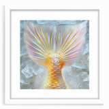 Abstract art print featuring swirling blue and green patterns on a white framed canvas, ideal for dining room decor.