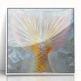 Art Deco poster featuring a close-up of nature elements in muted green and brown, framed in white acrylic.