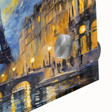 Large abstract depiction of the Paris skyline in muted gray and blue tones on acrylic glass, ideal for dining room art.