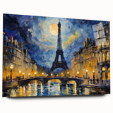 Large abstract depiction of Paris skyline in muted blue and gray tones on an acrylic glass print.