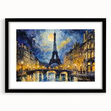 Colorful abstract art print of Paris skyline in vibrant hues on a large framed canvas, suitable for living room decor.